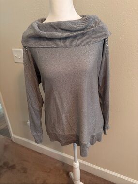 Metallic Silver Off-Shoulder Womens Sweater
